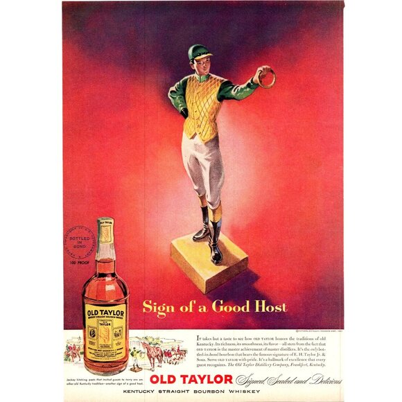 1951 Old Taylor Bourbon Horse Jockey Hitching Post Statue Vintage Print Ad Art - Picture 1 of 2